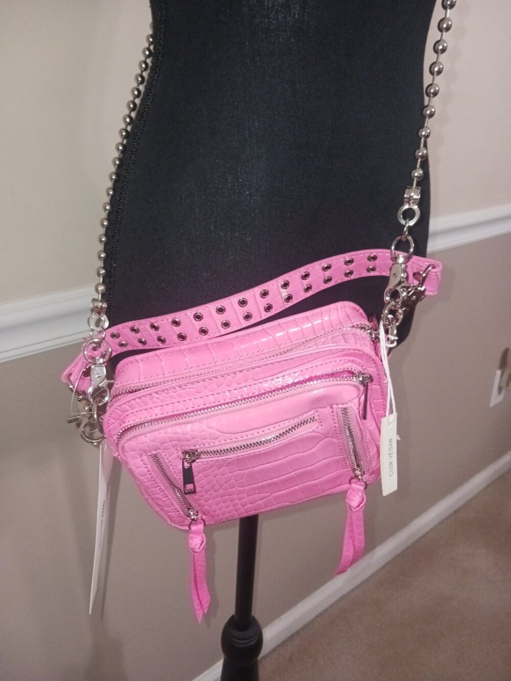 NWT Vegan Leather Urban Outfitters Hot Pink Crossbody Bag With Metal Ball Chain